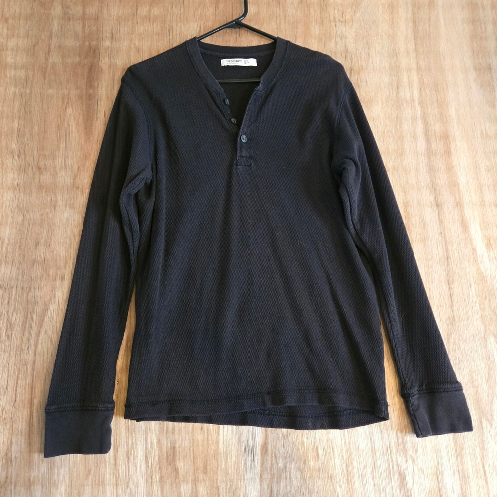 Waffle Knit Henley Shirt Men's Size L Black Long Sleeve Thermal Cotton Okd Navy